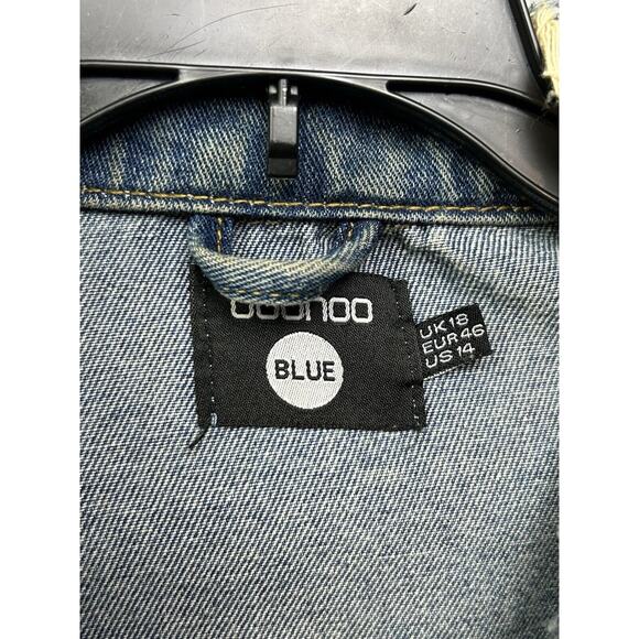 Boohoo Blue Distressed Denim Jacket Womens Size 14 Trucker Jean Pockets - Picture 4 of 9
